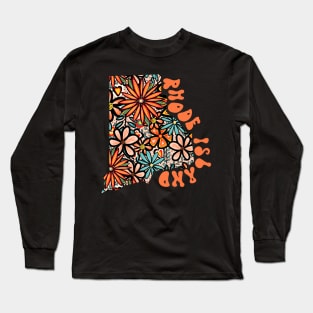 Rhode Island State Design | Artist Designed Illustration Featuring Rhode Island State Filled With Retro Flowers with Retro Hand-Lettering Long Sleeve T-Shirt